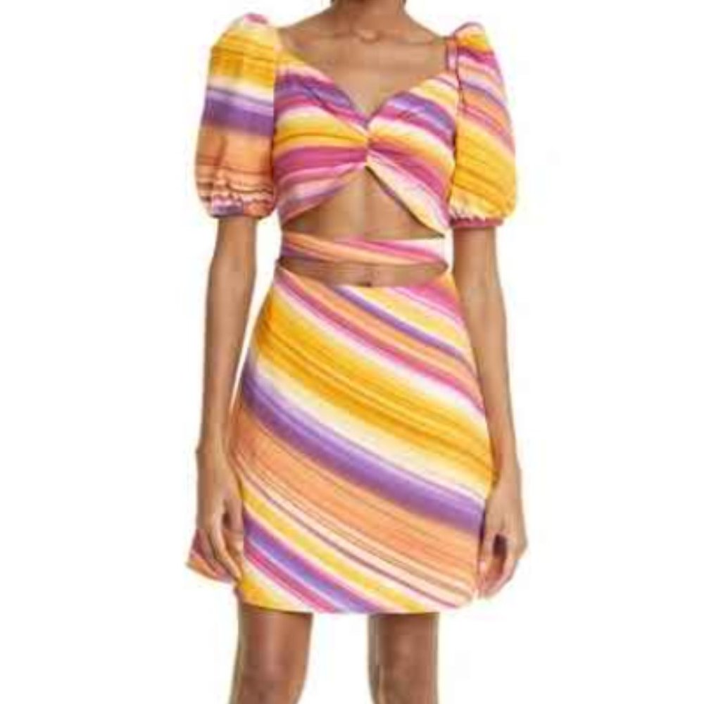 AUTUMN ADEIGBO ALYSSA STRIPED CUTOUT PUFF SLEEVE MINI DRESS sz 2